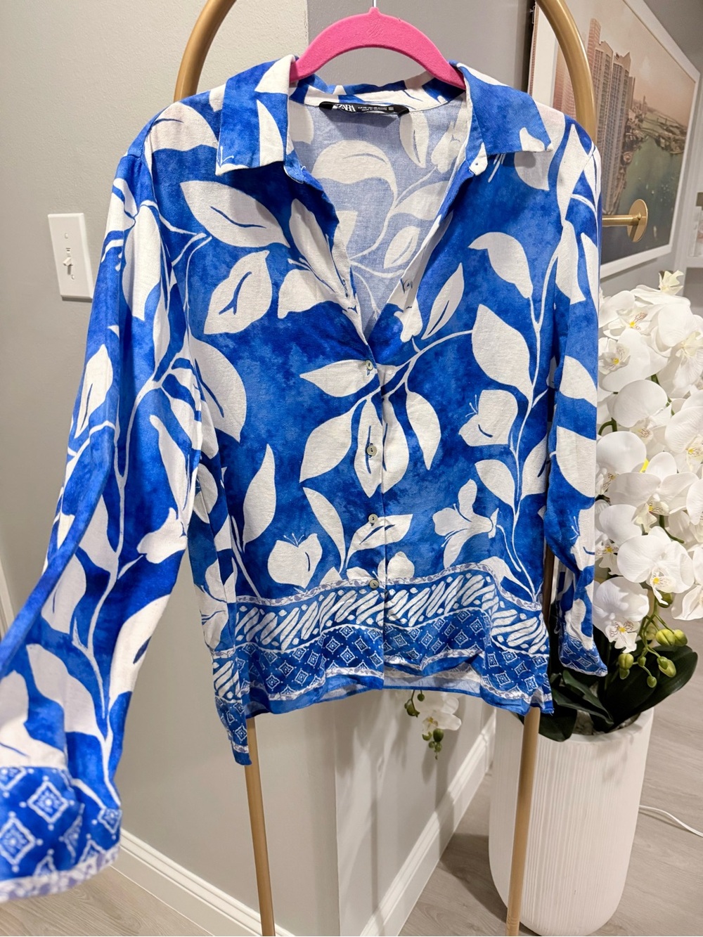 Zara Blue and White Floral Linen Blouse Medium